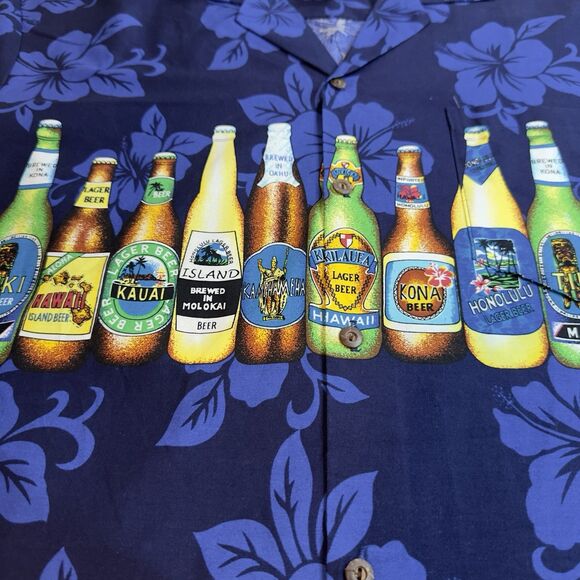 KY's Men’s Hawaii Beer Shirt Size L Button Down Short Sleeve Pocket Blue - Picture 6 of 8